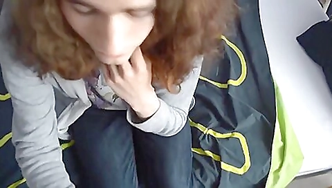 Bareback porn scene with a curly-haired amateur crossdresser