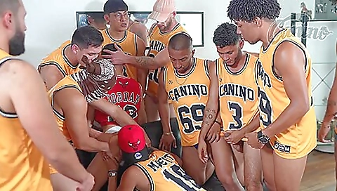12 men with a uniform and a big cock in a group sex video