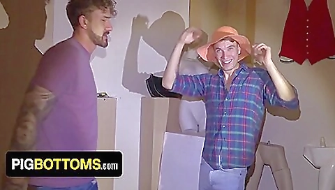 Blonde with a tattooed ass takes two hard cocks in a threesome