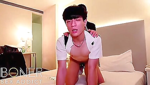 Asian babe in sexy lingerie gets a creampie out of her ass