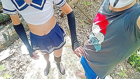 Hot schoolgirls in sexy costume get fucked in different spots